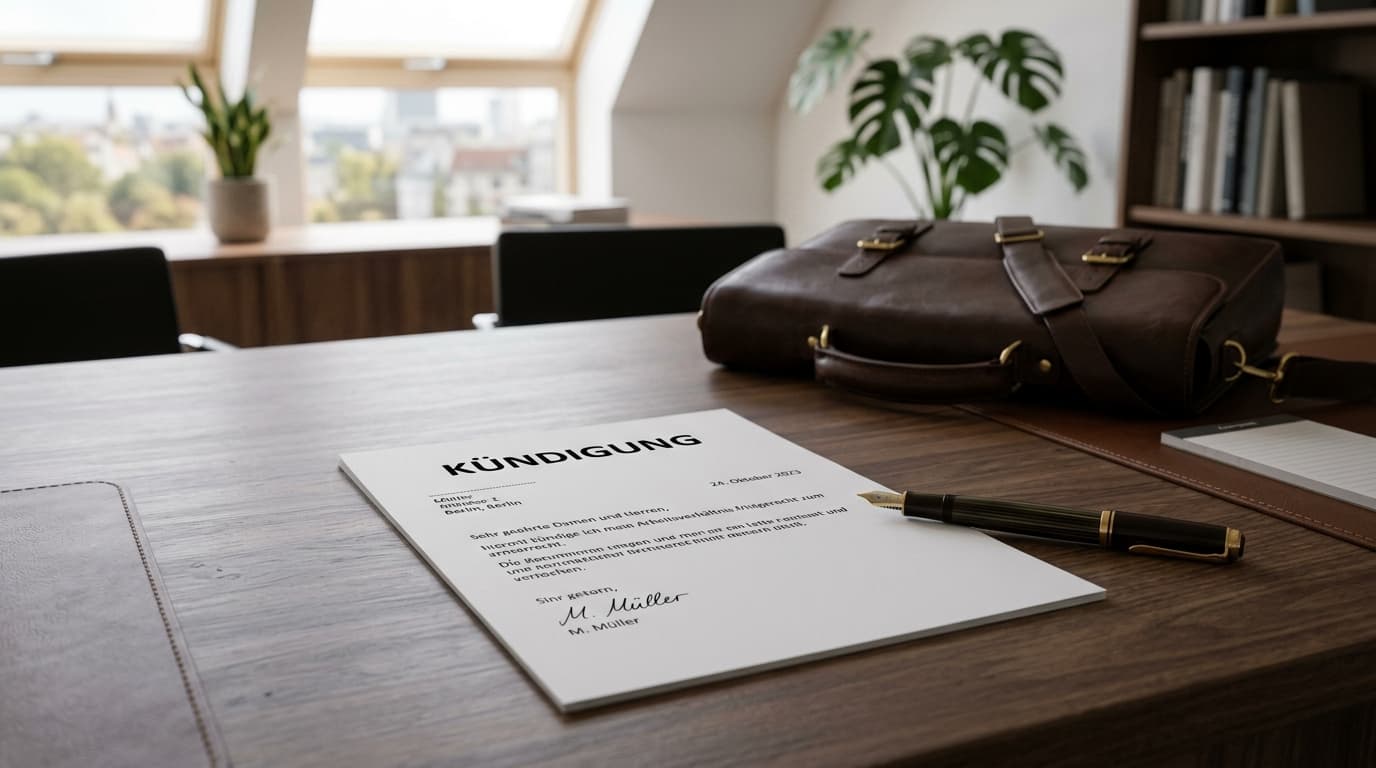 Formelles Kündigungsschreiben auf einem Schreibtisch mit Füller und Aktenkoffer im Hintergrund