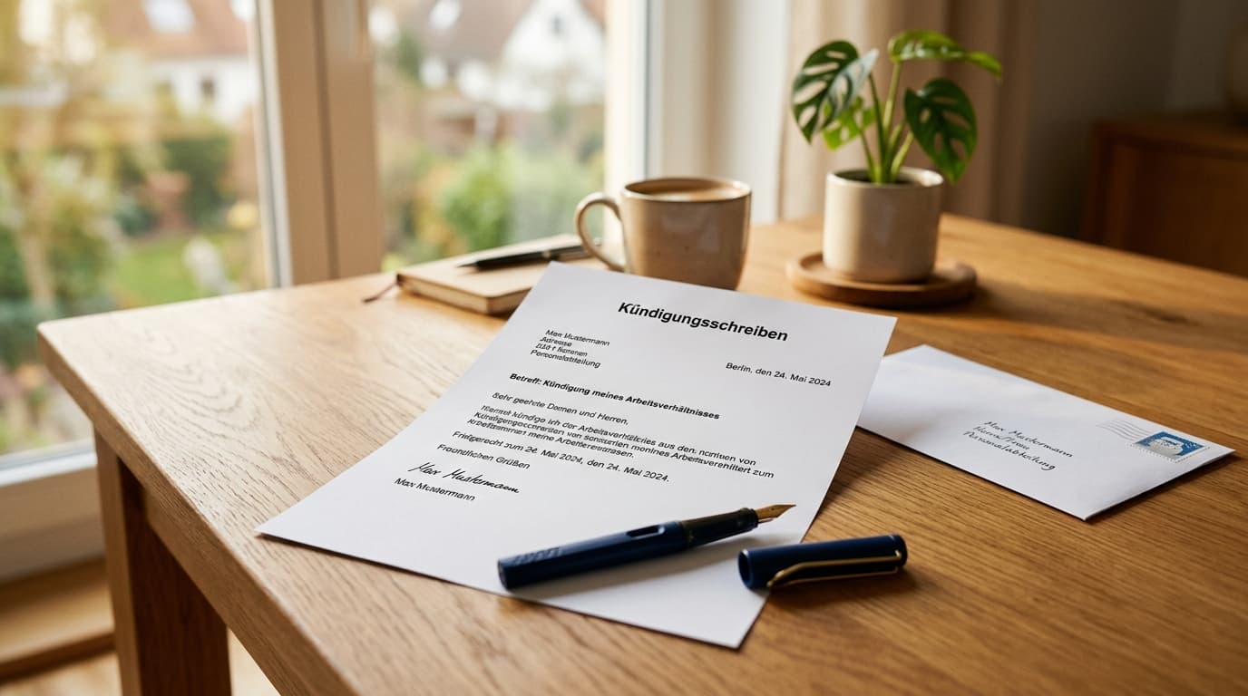 Gedrucktes Kündigungsschreiben auf einem Holzschreibtisch mit Füllfederhalter und Briefumschlag