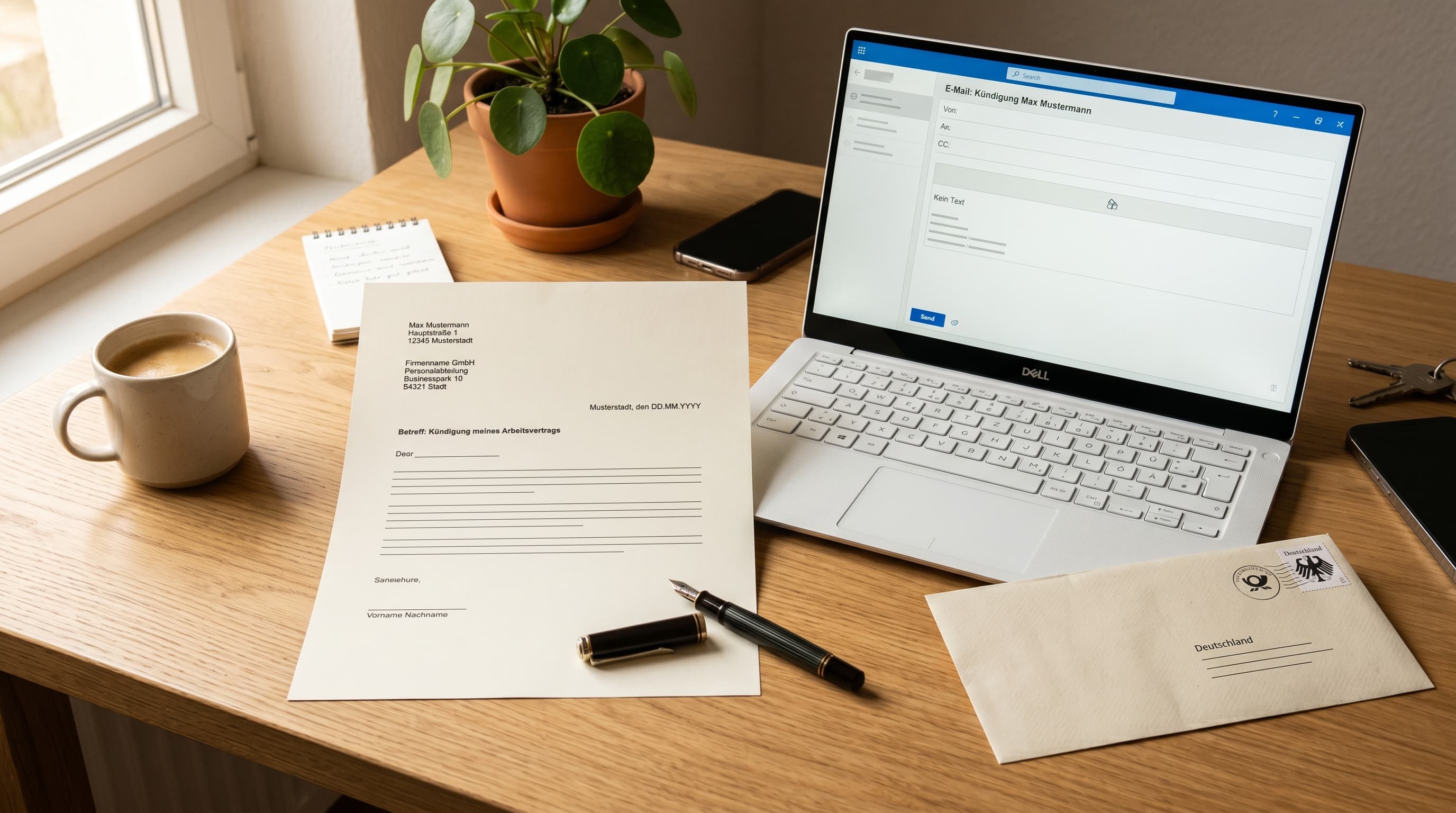 Flat-Lay Kündigungsschreiben auf dem Schreibtisch mit Stift, Briefumschlag und Laptop