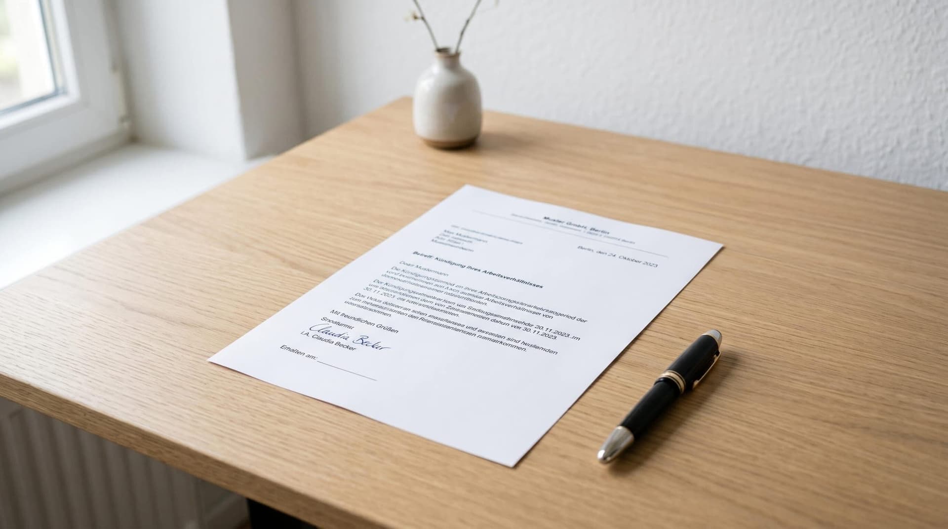 Einfaches Kündigungsschreiben — Vorlage 2026 mit Frist und Mustertext auf Schreibtisch