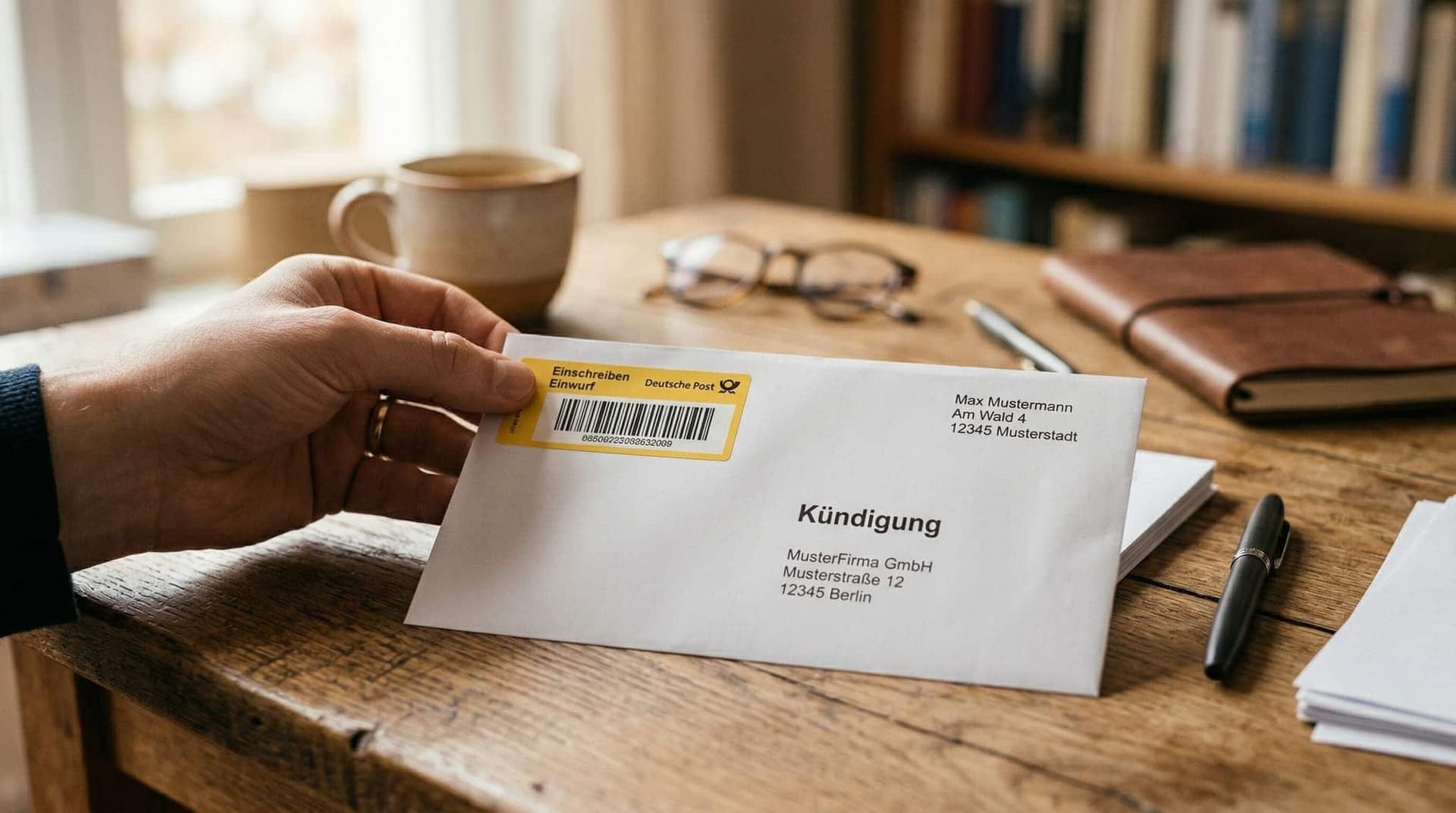 Kündigung per Einschreiben — Vorlage 2026 mit Frist und Mustertext auf Schreibtisch