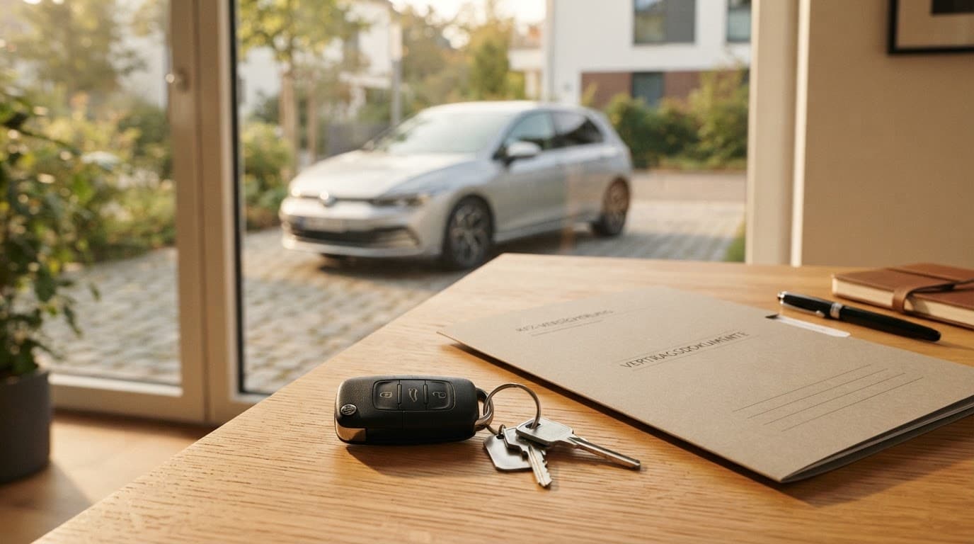 Autoschlüssel und Kfz-Versicherungsunterlagen auf einem Tisch, Fahrzeug bleibt angemeldet