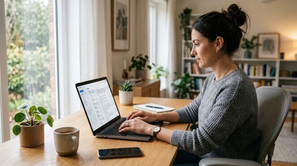 Frau sitzt am Laptop und verschickt ihre Kündigung online ohne Drucker