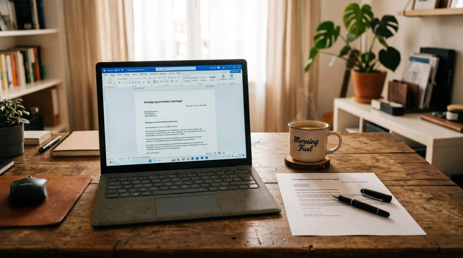 Kündigung Vorlage Word 2026 — mit Frist und Mustertext auf Schreibtisch