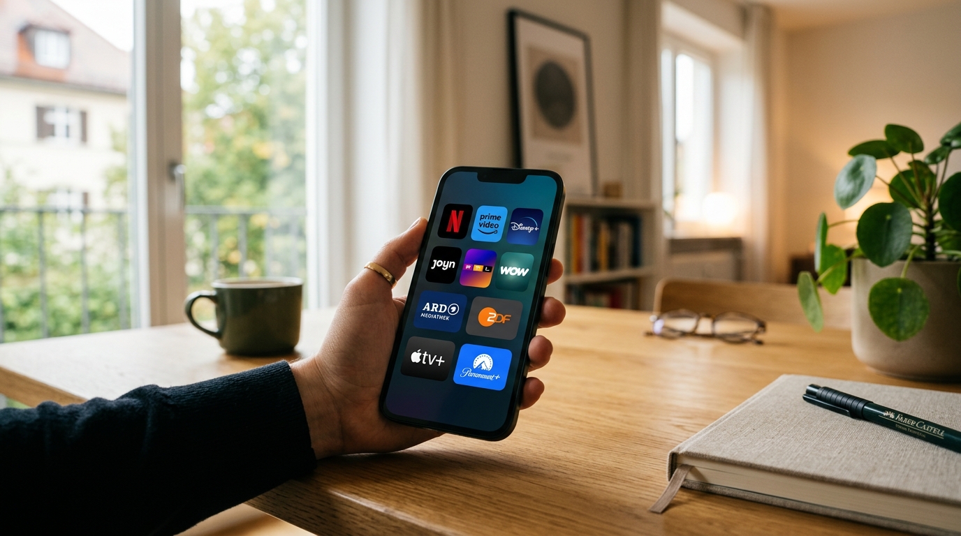 Smartphone mit verschiedenen Streaming-Apps und Abo-Diensten auf dem Bildschirm