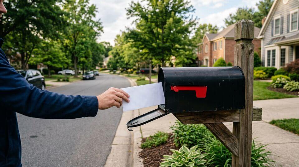 Briefumschlag mit Einschreiben-Aufkleber liegt auf einem Holztisch