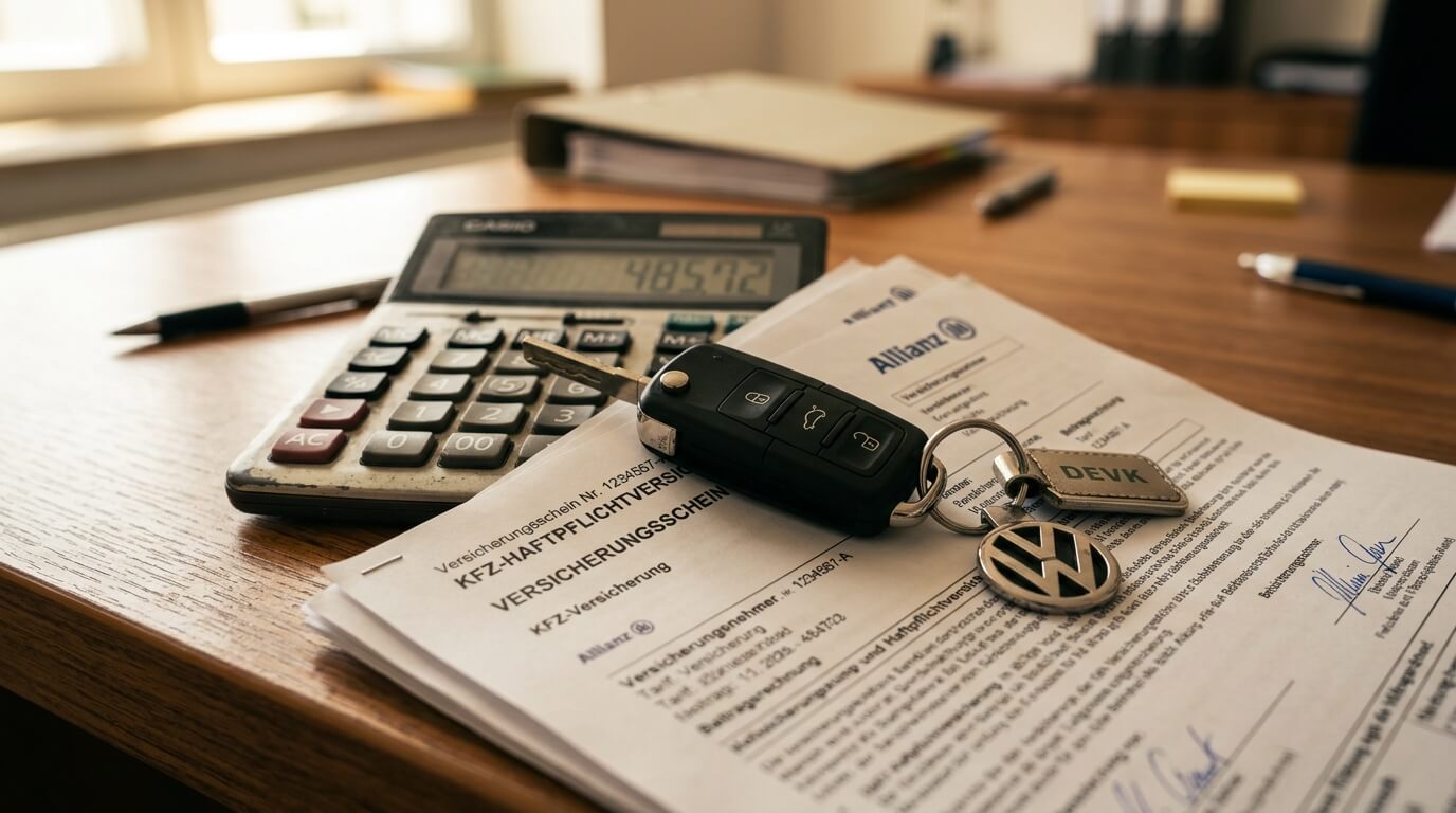 Auto auf einem Parkplatz mit Versicherungsunterlagen auf der Motorhaube