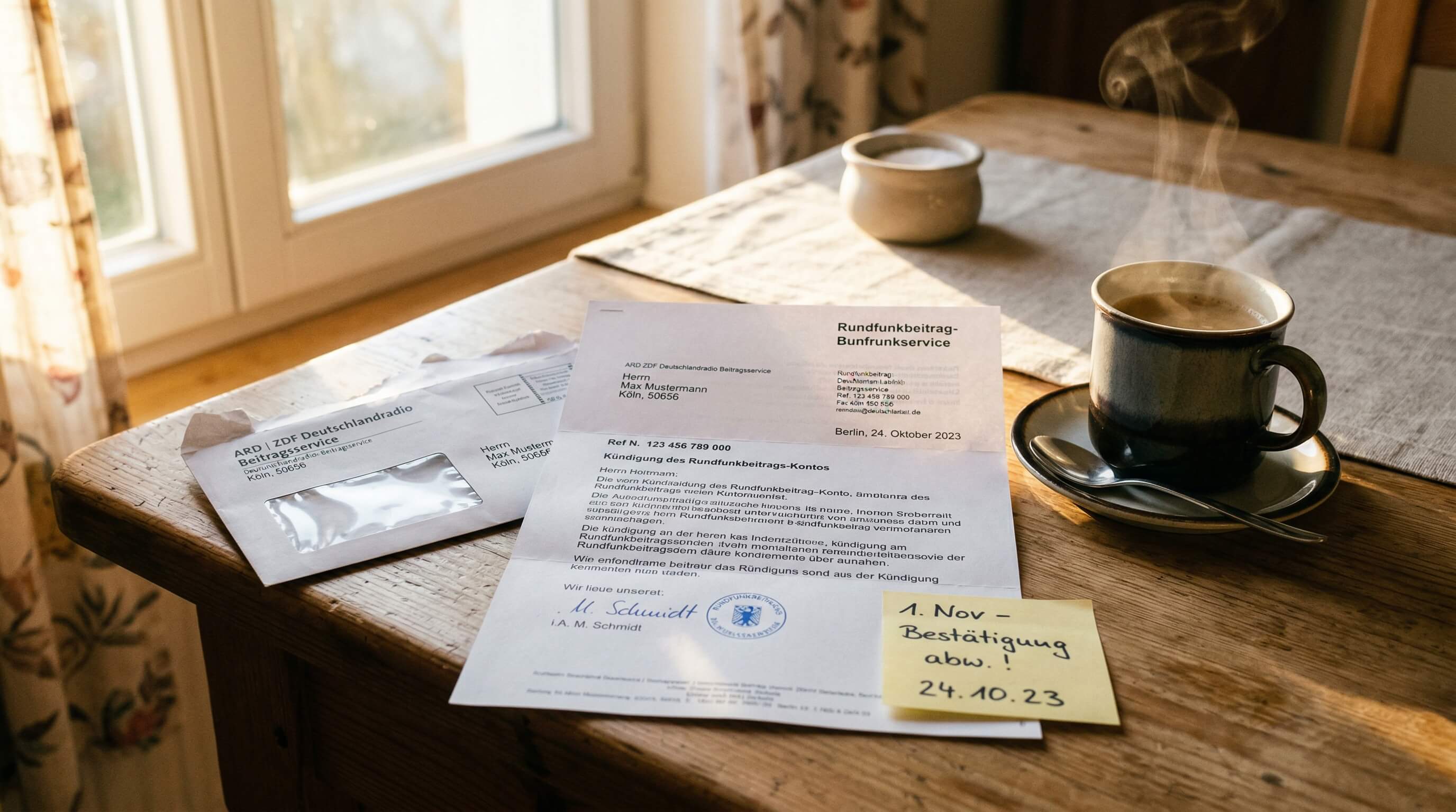 Schreibtisch mit Brief vom Beitragsservice und unterschriebenem Abmeldeformular