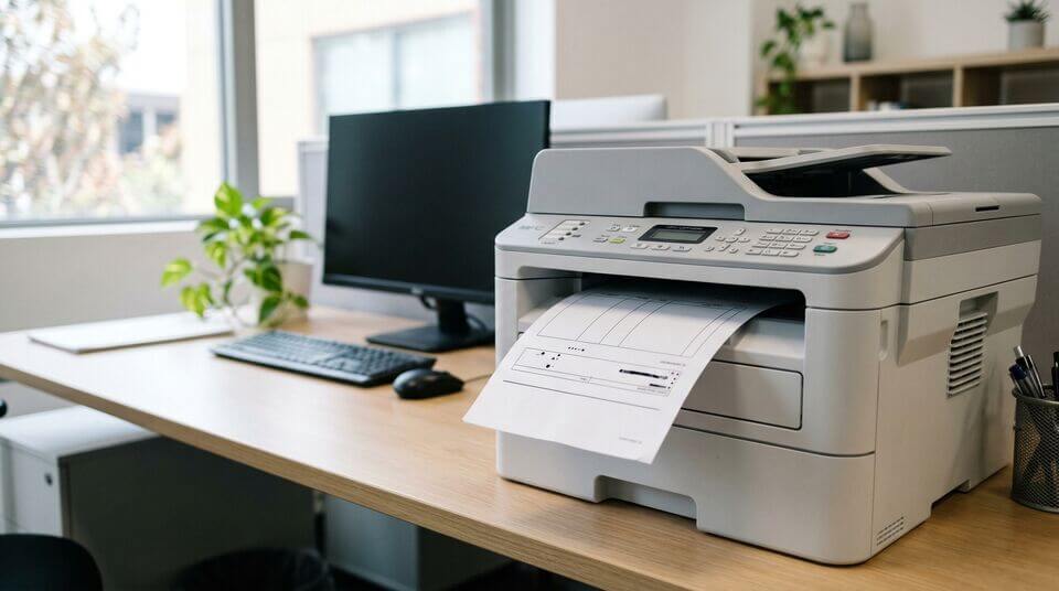 Stapel Zeitschriften auf einem Tisch, daneben ein Formular