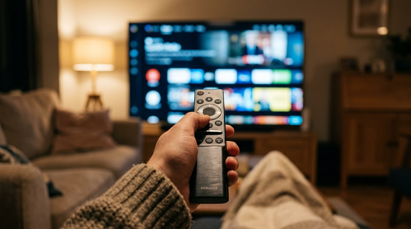 Fernseher mit Netflix-Logo und Fernbedienung auf einem Tisch